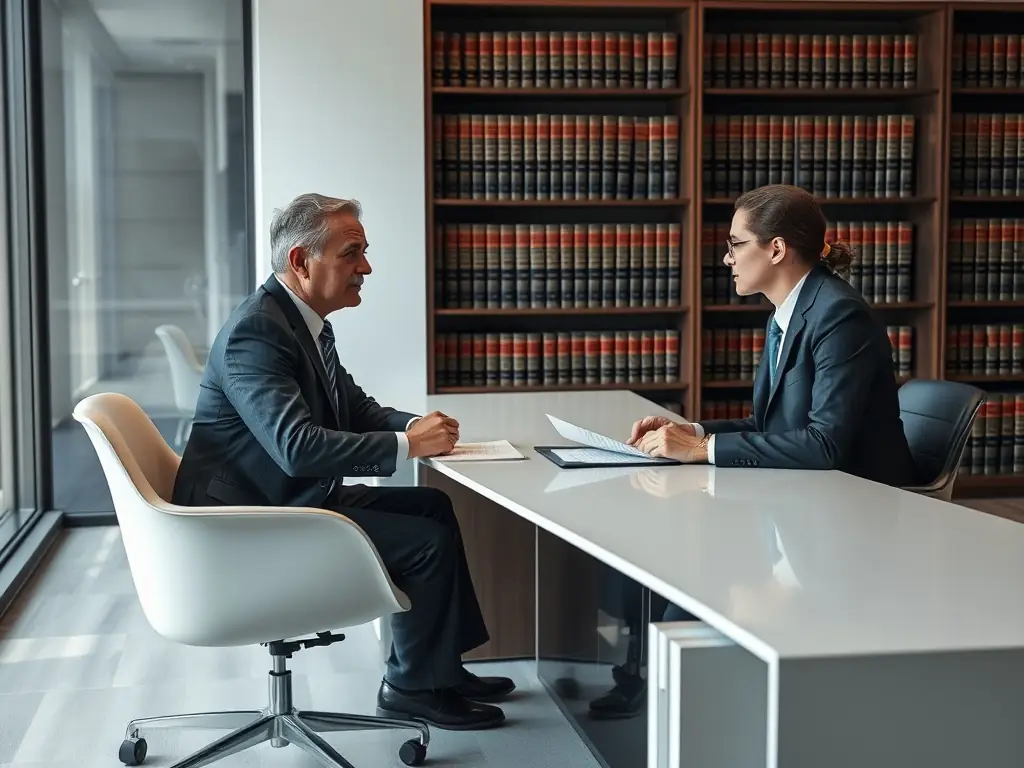 A lawyer discussing legal documents with a client in a professional office setting, representing legal consultation.